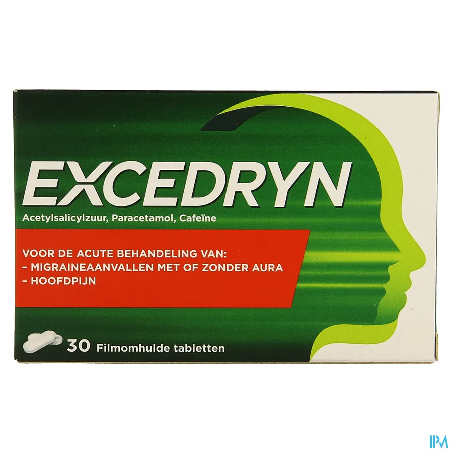 packshot van Excedryn voor Acute Behandeling van Migraineaanvallen met of zonder Aura en Hoofdpijn 30Tabletten