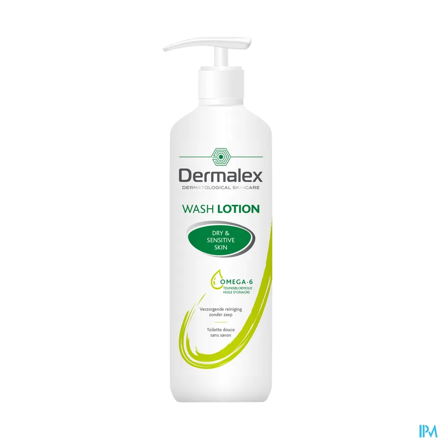 packshot van Dermalex Wash Lotion met Omega 6 en Teunisbloemolie - Verzorgende Reiniging Zonder Zeep voor Droge en Gevoelige Huid Pompflacon 250 ml
