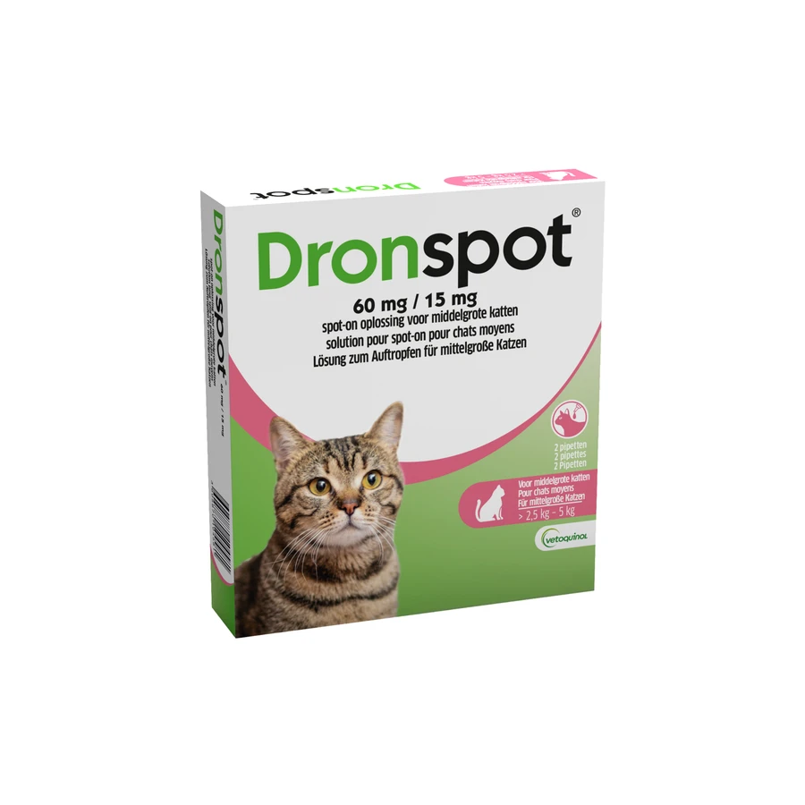 packshot van Dronspot 60 mg/15 mg Spot-on Kat >2,5-5 kg 2 stuks