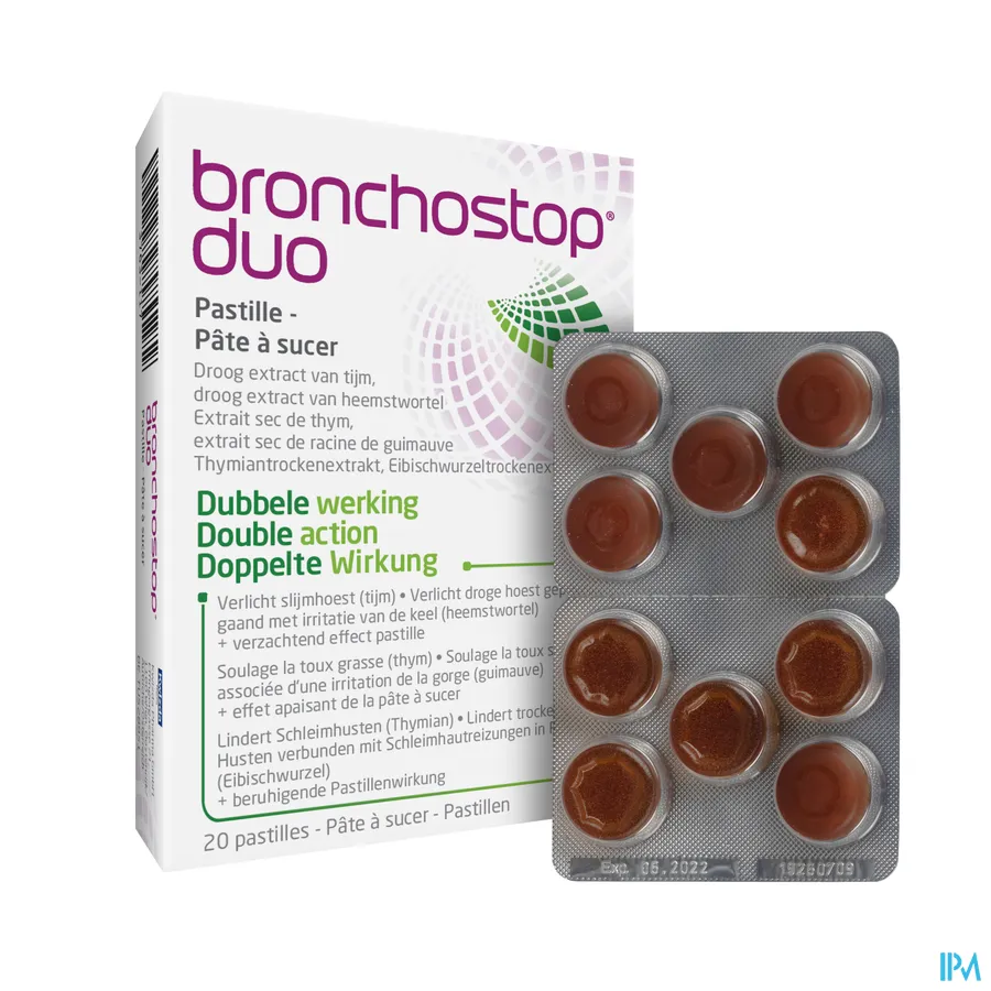 productshot van Bronchostop Duo met Droog Extract van Tijm en Heemstwortel met Dubbele Werking voor Verlichting van Slijmhoest en Droge Hoest 20 Zuigtabletten