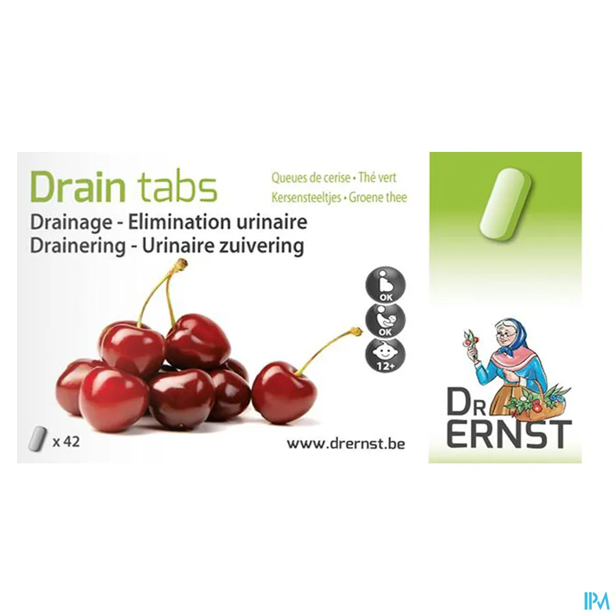 packshot van Dr Ernst Drain Tabs voor Drainering en Urinaire Zuivering met Kersensteeltjes en Groene Thee 42 Tabletten