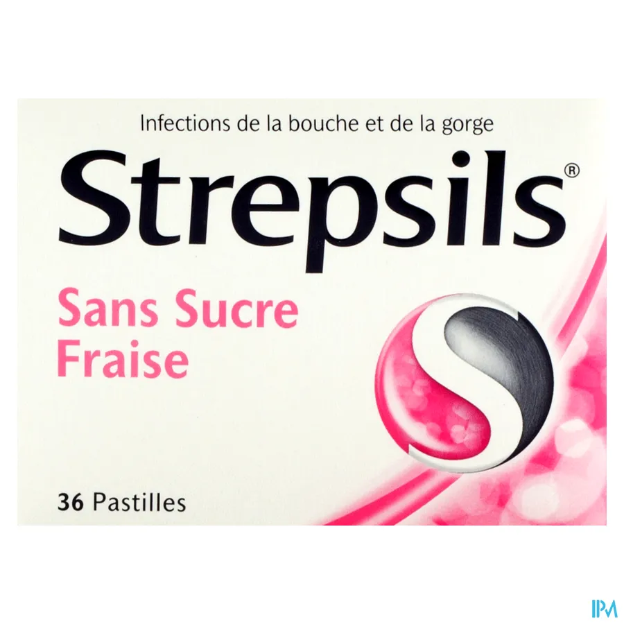 packshot van Strepsils Aardbei Suikervrij 36 zuigtabletten