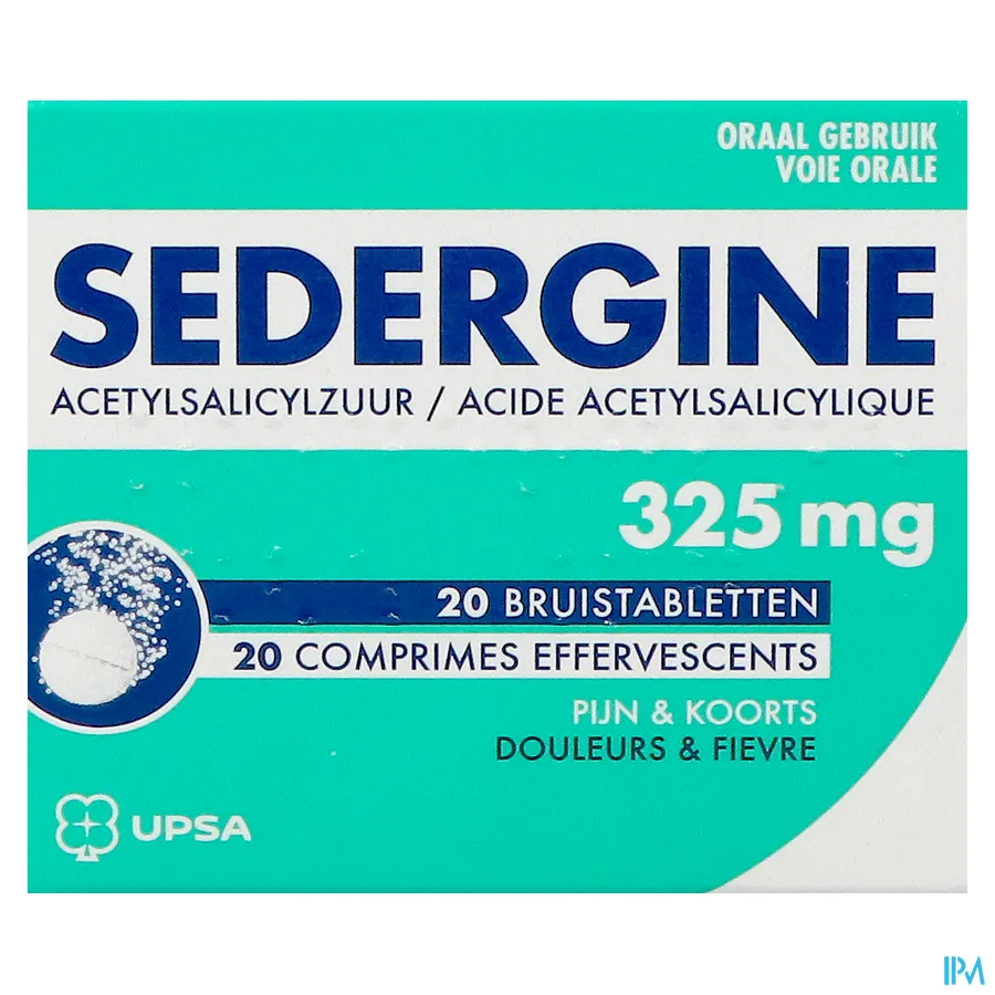 packshot van Sedergine -325 mg Acetylsalicylzuur- bij Pijn en Koorts 20 Bruistabletten