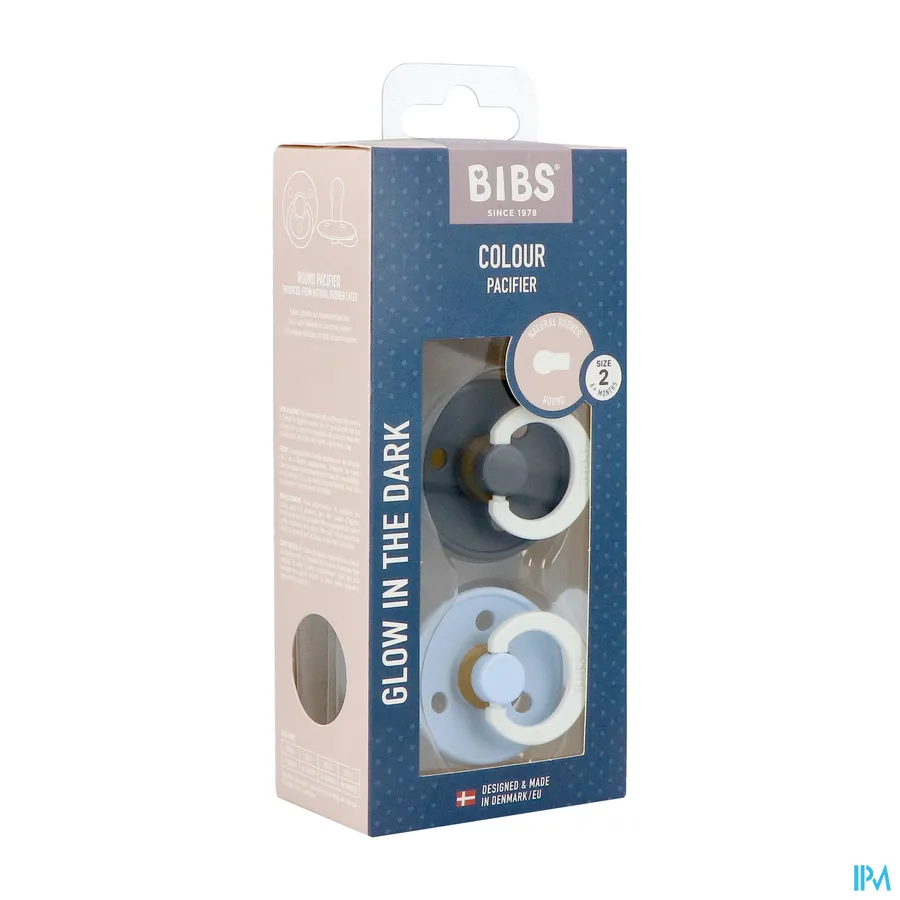 packshot van Bibs 2 Fopspeen Duo Glow Dark Iron&baby Blue
