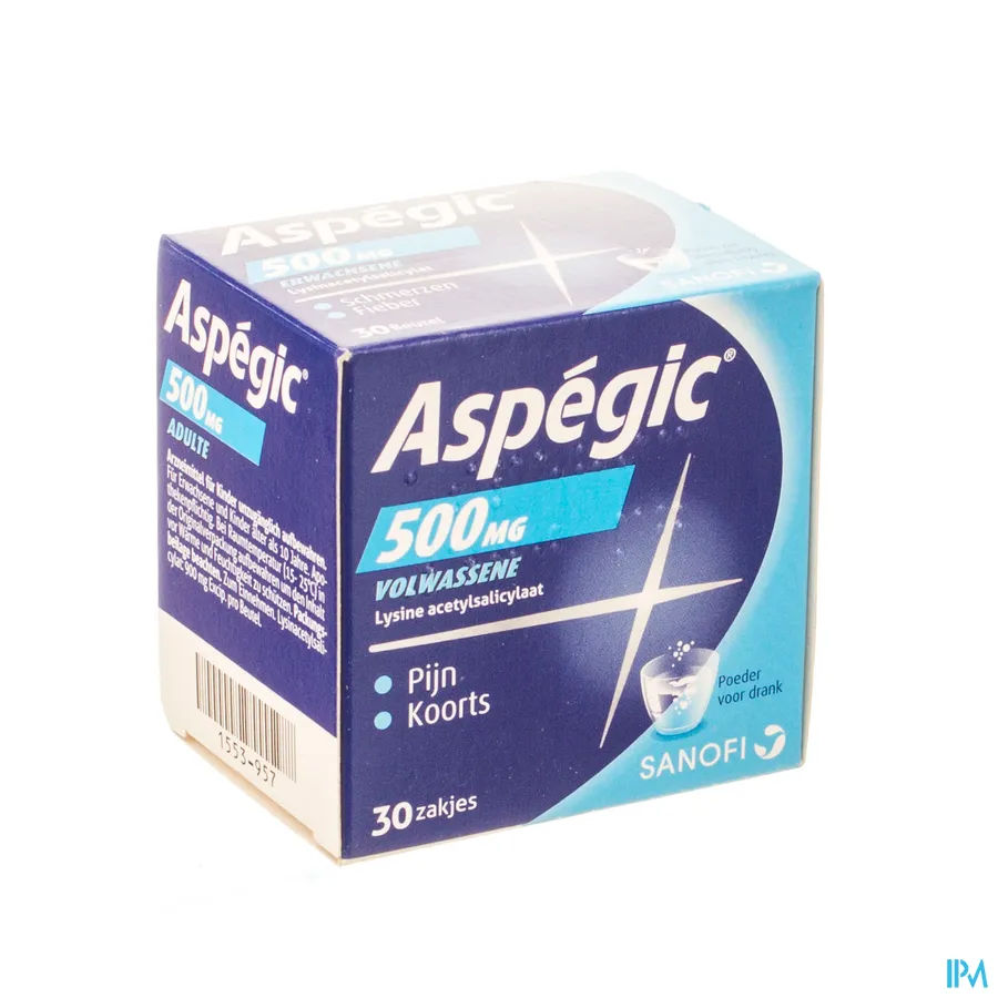 packshot van Aspégic 500 mg bij Pijn en Koorts 30 Zakjes