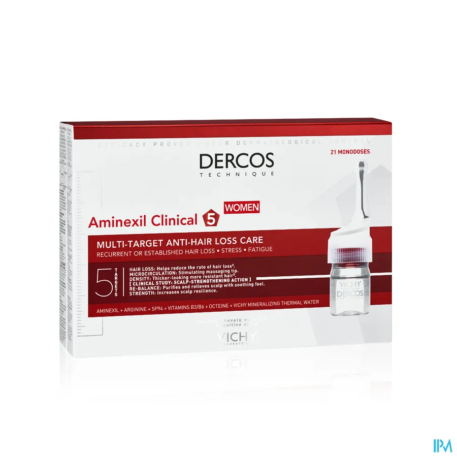 packshot van Vichy Dercos Aminexil Clinical 5 Vrouwen 21 ampullen