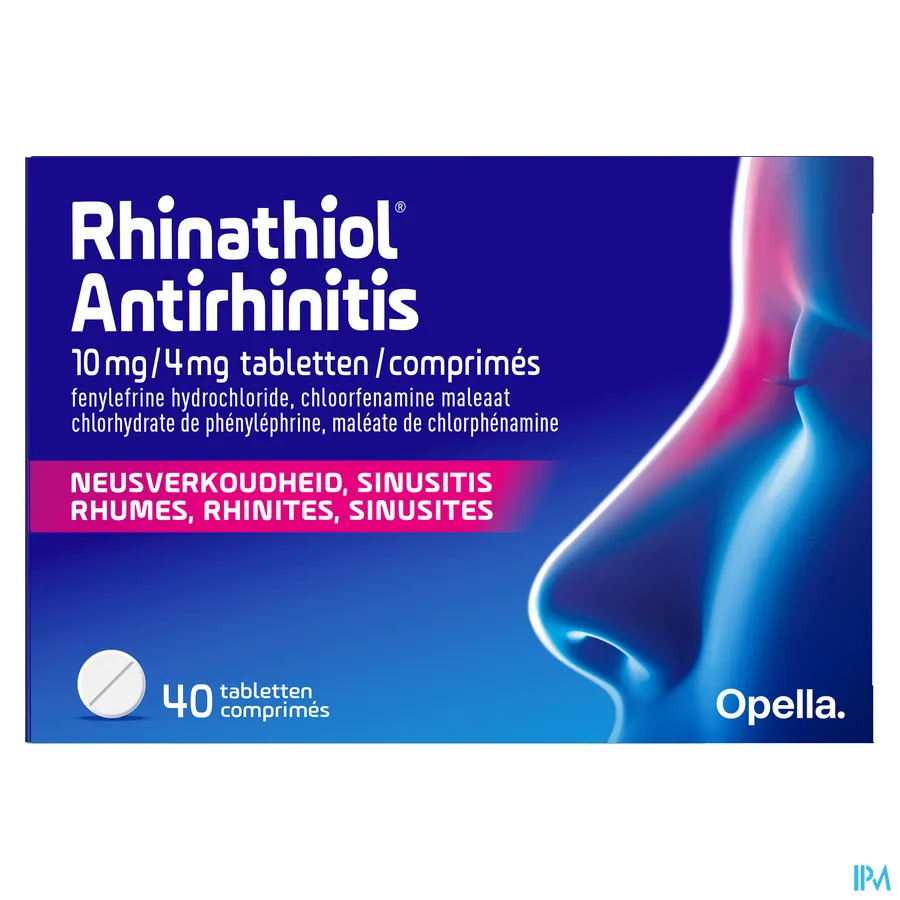 packshot van Rhinathiol Antirhinitis voor Verhelping van Verstopte Neus en Loopneus 40 Tabletten