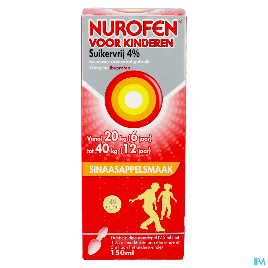 packshot van Nurofen Kind Suikervrije Siroop 4 % Sinaasappelsmaak 150 ml