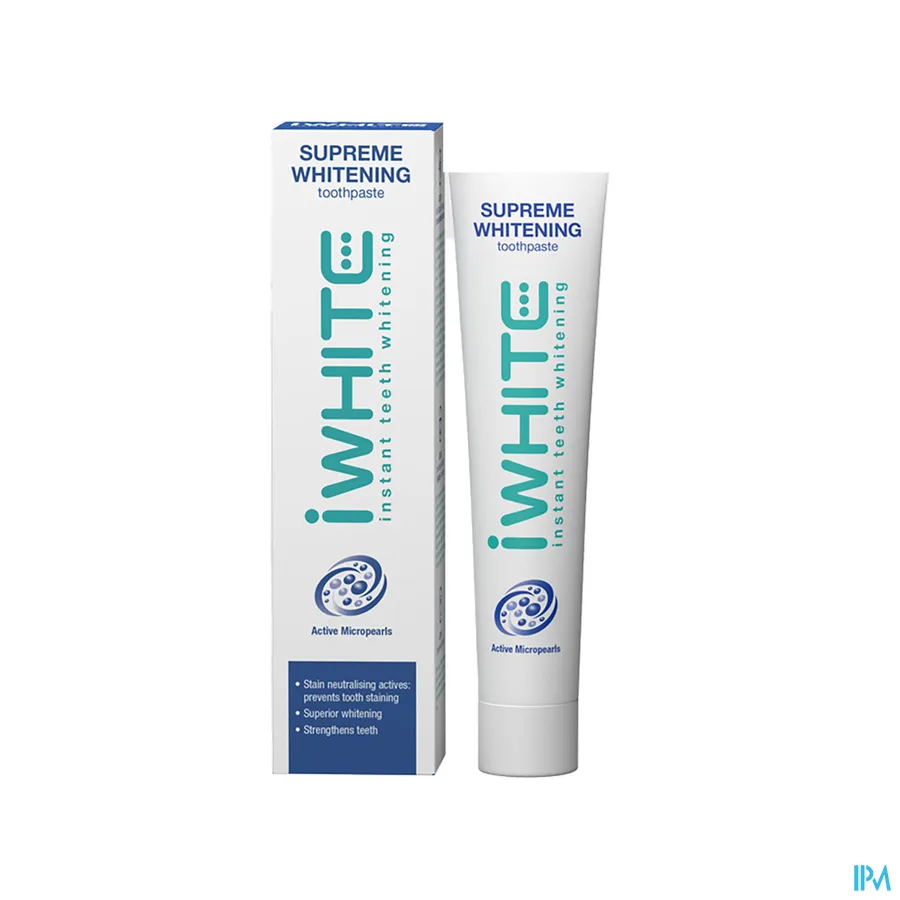 productshot van I White Supreme Whitening Tandpasta met Actieve Mircroparels met Vlek Neutraliserende Actieve Stoffen ter Preventie van Vlekvorming op de Tanden Tube 75 ml