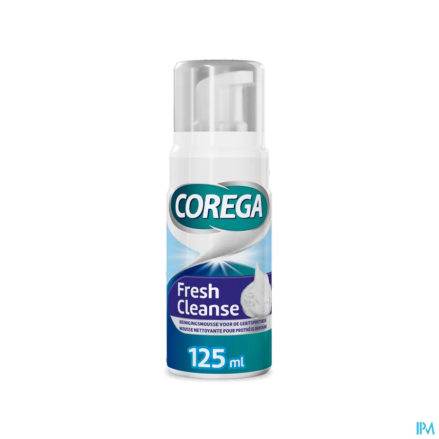 packshot van Corega Mousse Fresh Cleanse Anti-Bacteriële Reinigingsmousse voor de Gebitsprothese Pompflacon 125 ml