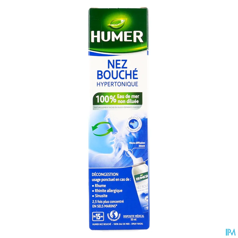 packshot van Humer tegen Verstopte Neus met Hypertoon Zeewater voor Volwassenen Spray 50 ml
