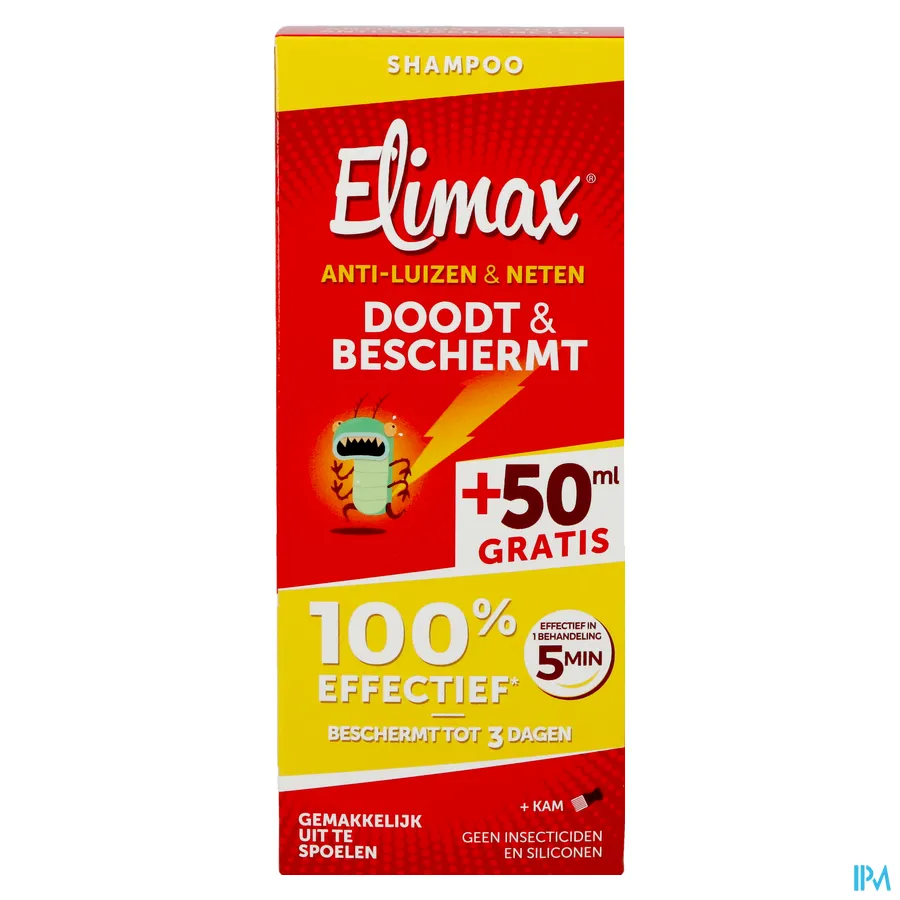 packshot van Elimax 2-in-1 Dodende en Beschermende Anti-Luizen en Anti-Neten Shampoo Zonder Insecticide Promopack 250 ml met Gratis Kam