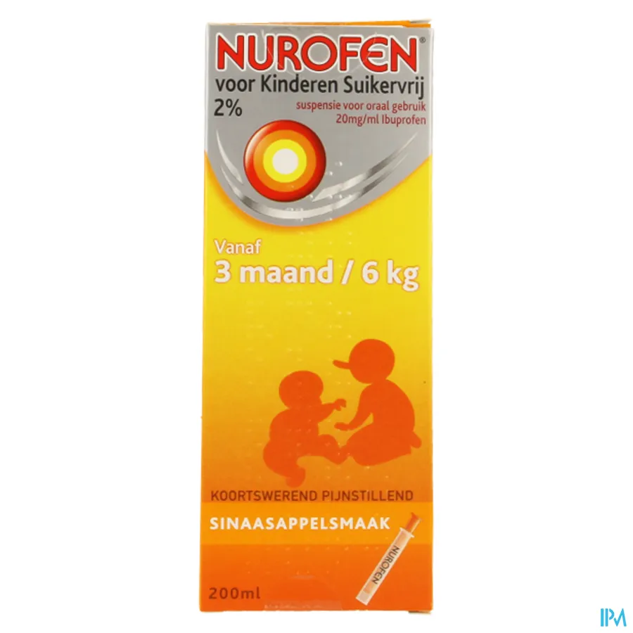 packshot van Nurofen Kind Suikervrije Siroop 2 % Sinaasappelsmaak 200 ml