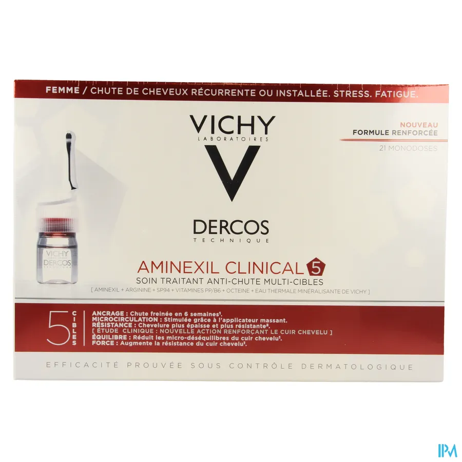 packshot van Vichy Dercos Aminexil Clinical 5 Vrouwen 21 ampullen