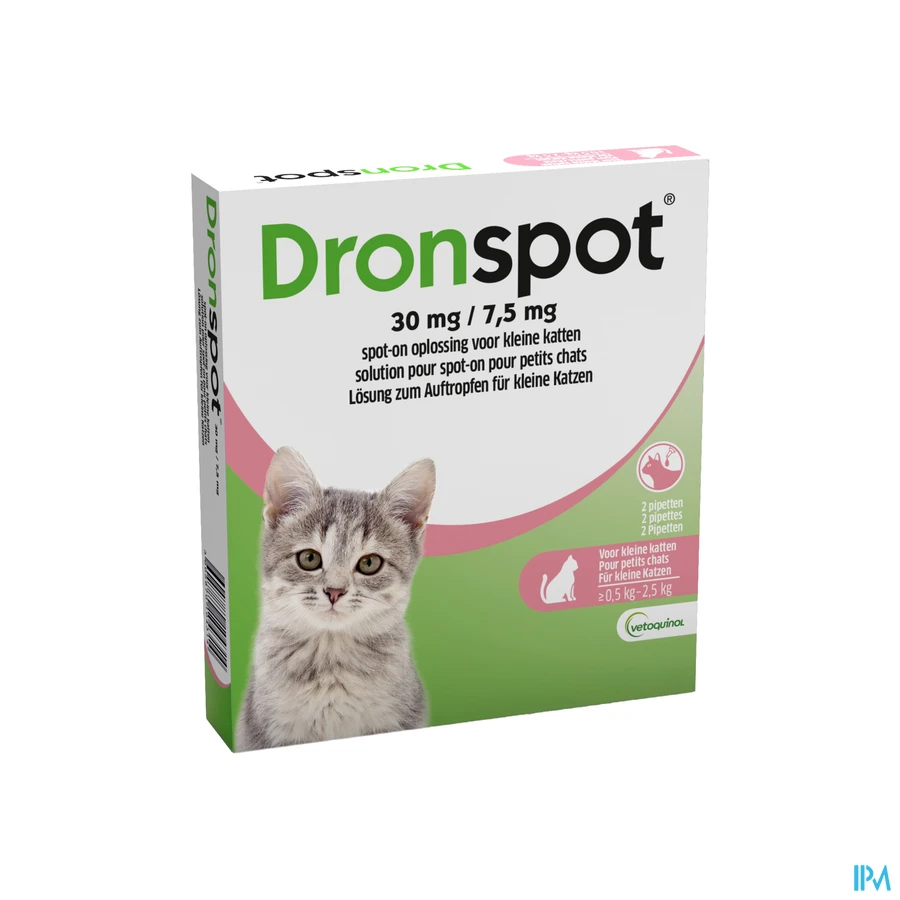 packshot van Dronspot 30 mg/7,5 mg Spot-on Kat >0,5-2,5 kg 2 stuks