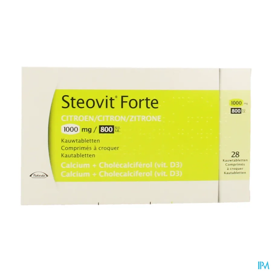 packshot van Steovit Forte 1000 mg Calcium + 800 IE Vitamine D3 Citroensmaak 28 Kauwtabletten