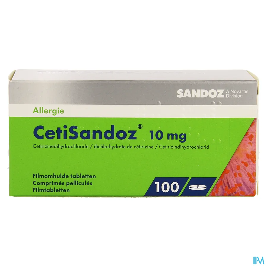 packshot van Cetirizine Sandoz 10 mg 100 tabletten