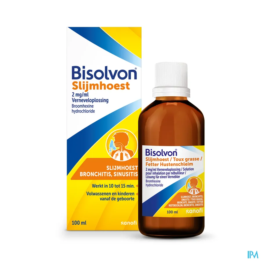 productshot van Bisolvon Verneveloplossing 0,2% voor Diepzittende Hoest, Maakt de Luchtwegen Vrij 100 ml