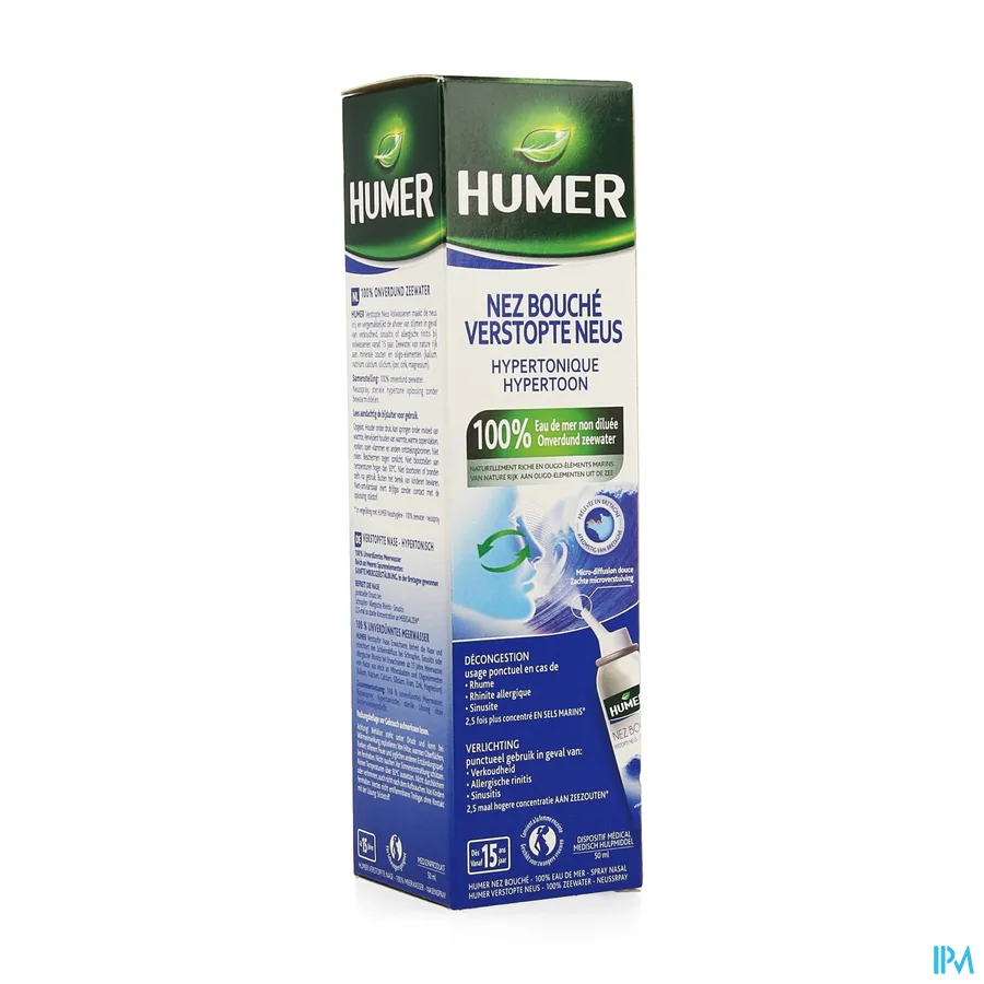 packshot van Humer tegen Verstopte Neus met Hypertoon Zeewater voor Volwassenen Spray 50 ml