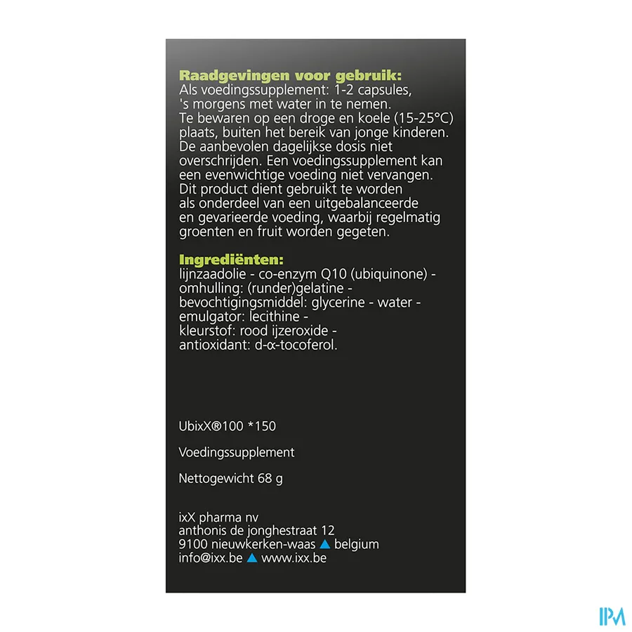 packshot van UbixX 100 met 100 mg Co-Enzym Q10 150 Capsules