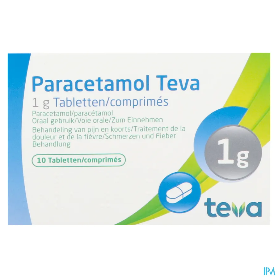 packshot van Paracetamol Teva 1 g 10 tabletten