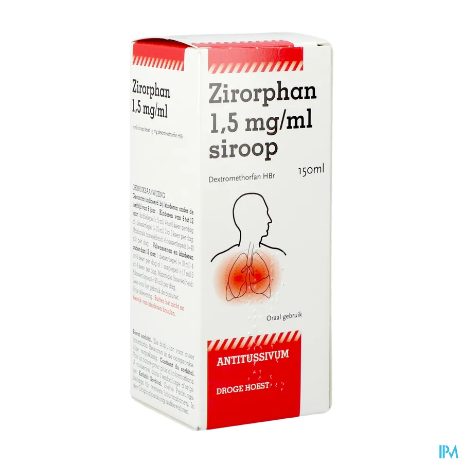 packshot van Zirorphan Suikervrije Siroop tegen Droge Hoest 150 ml