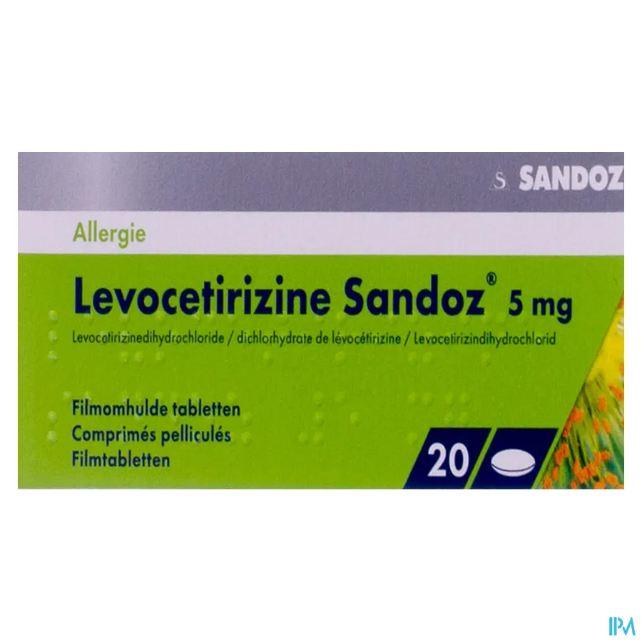 packshot van Levocetirizine Sandoz 5 mg 20 tabletten