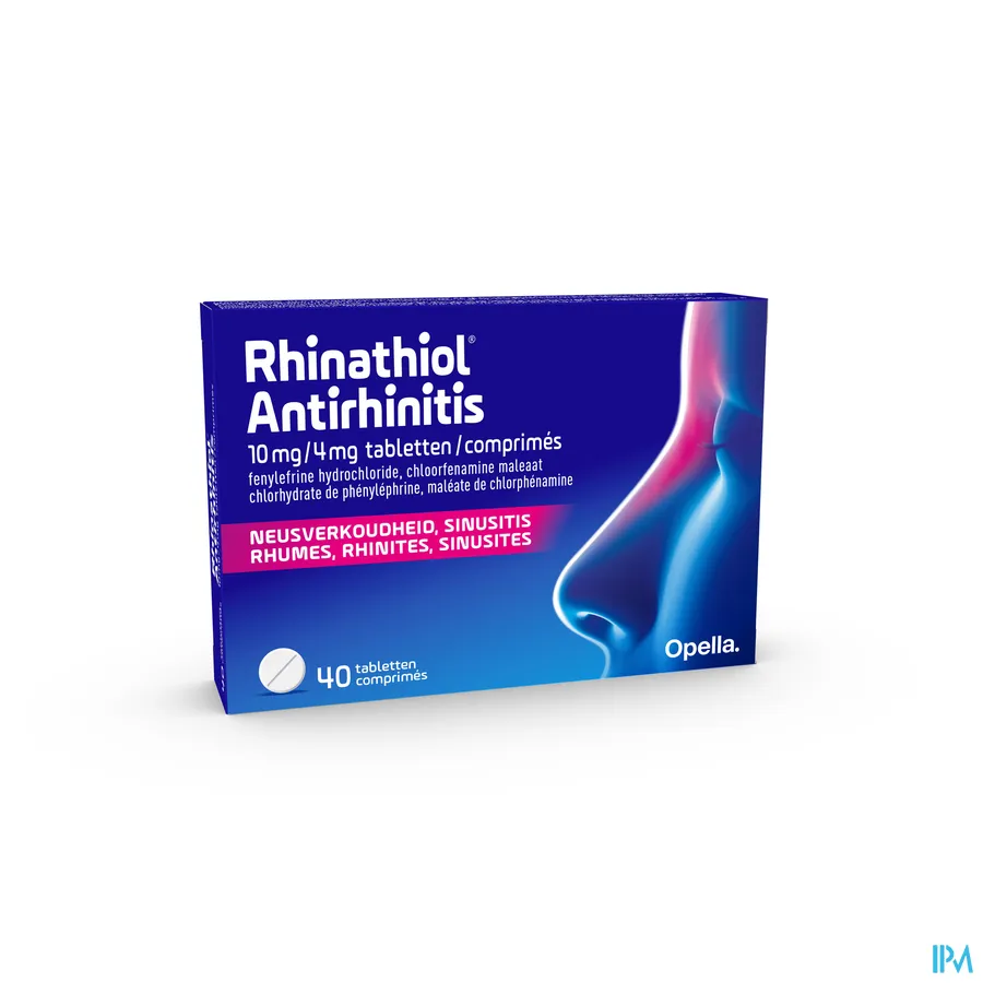 packshot van Rhinathiol Antirhinitis voor Verhelping van Verstopte Neus en Loopneus 40 Tabletten