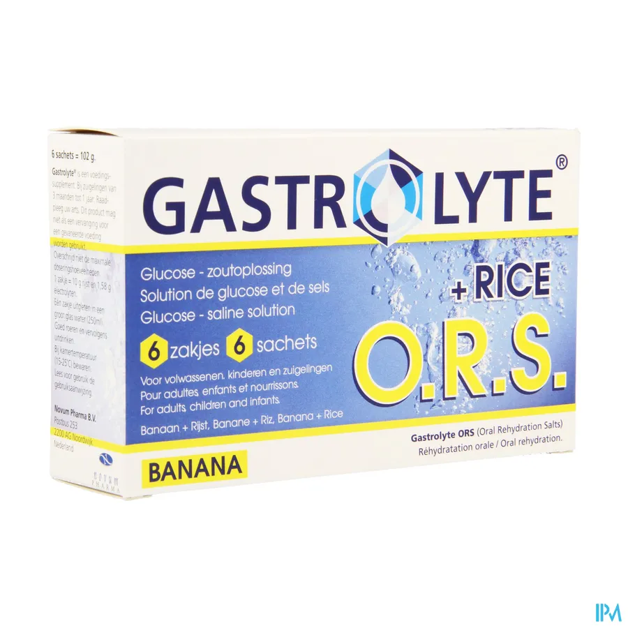 packshot van Gastrolyte O.R.S. + Rice Glucose-Zoutoplossing Banana 6 Zakjes