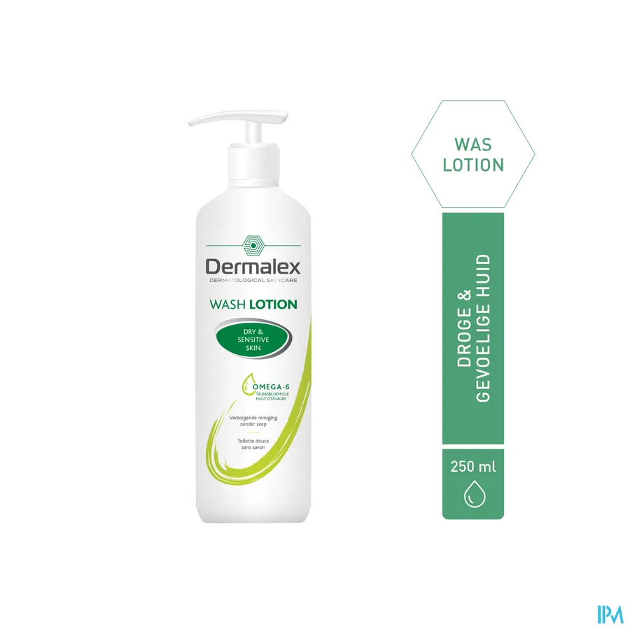 packshot van Dermalex Wash Lotion met Omega 6 en Teunisbloemolie - Verzorgende Reiniging Zonder Zeep voor Droge en Gevoelige Huid Pompflacon 250 ml