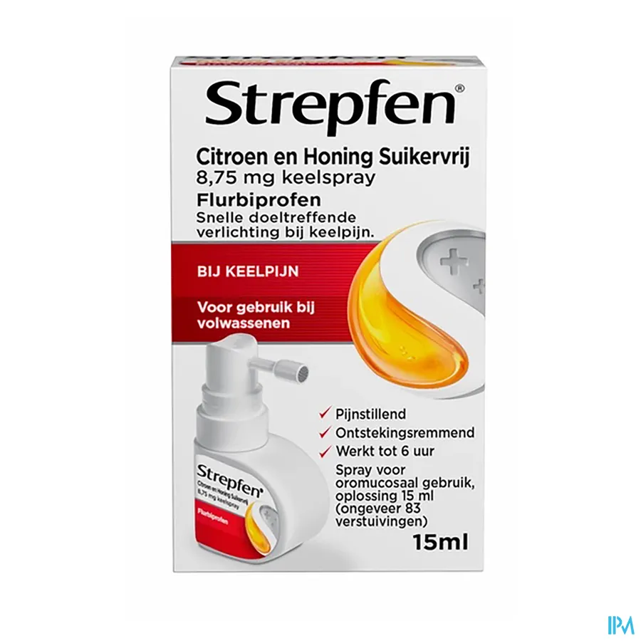 packshot van Strepfen Spray voor Oromucosaal Gebruik voor Snelle en Doeltreffende Verlichting van Keelpijn met Honing- en Citroensmaak 15 ml