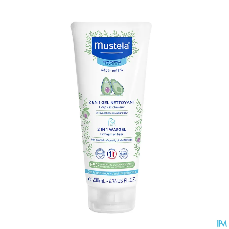 productshot van Mustela Baby 2 in 1 Reinigingsgel voor Haar en Lichaam Tube 200 ml