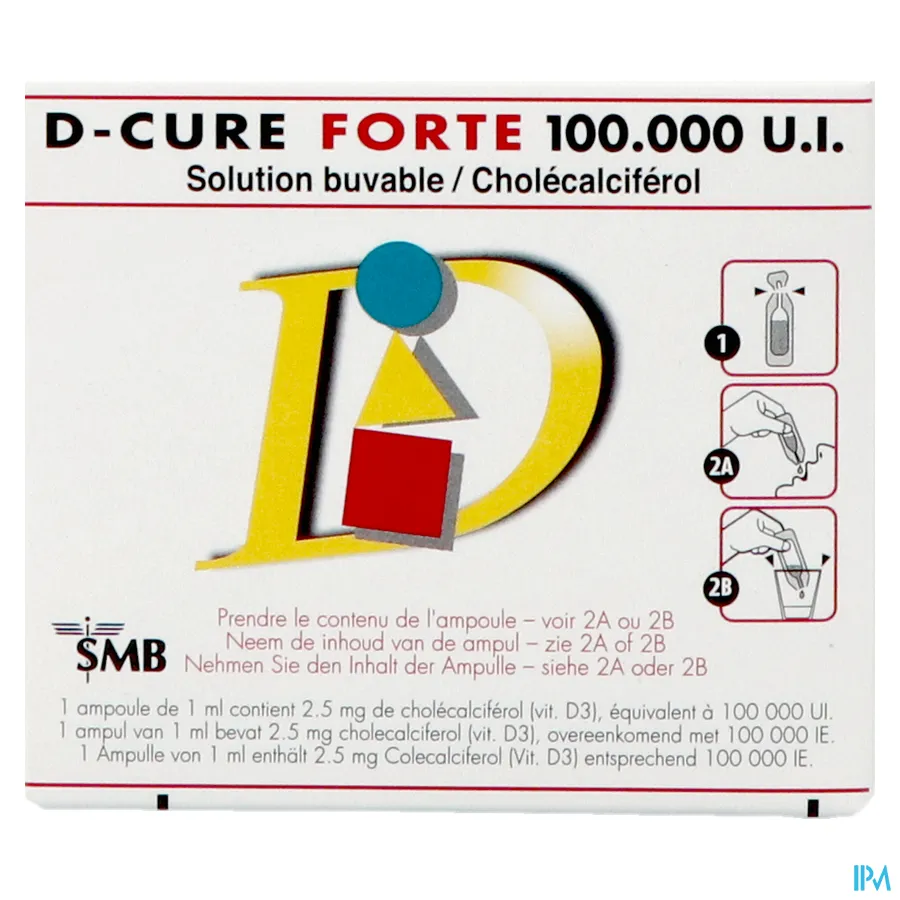 packshot van D-Cure Forte 100000 IE Vitamine D Drinkbare Ampullen 3 Stuks