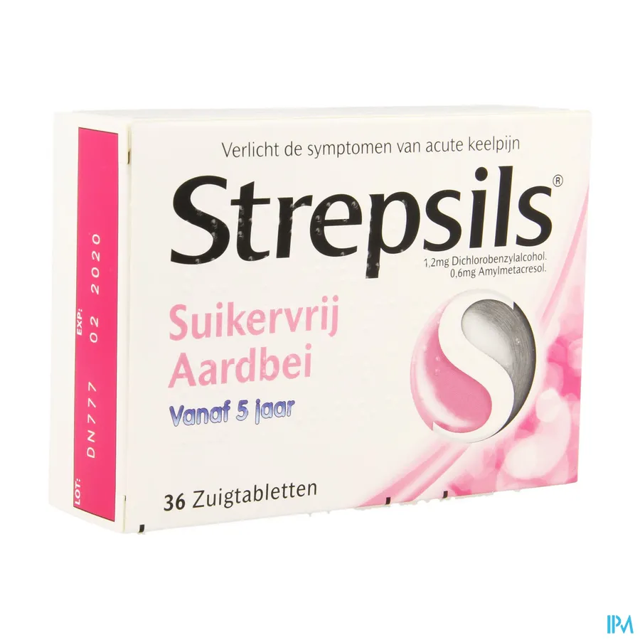 packshot van Strepsils Aardbei Suikervrij 36 zuigtabletten