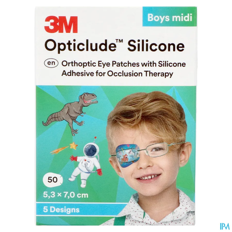 packshot van Opticlude Oogpleister met Silicone Kleeflaag voor Occlusietherapie Jongens Midi (5,3 cm x 7,0 cm) 50 Pleisters