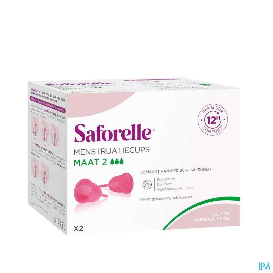 packshot van Saforelle Cup Protect - Comfortpakket voor 12 Uur met 2 Menstruatiecups en 1 Houder voor Sterilisatie en Transport - Maat 2