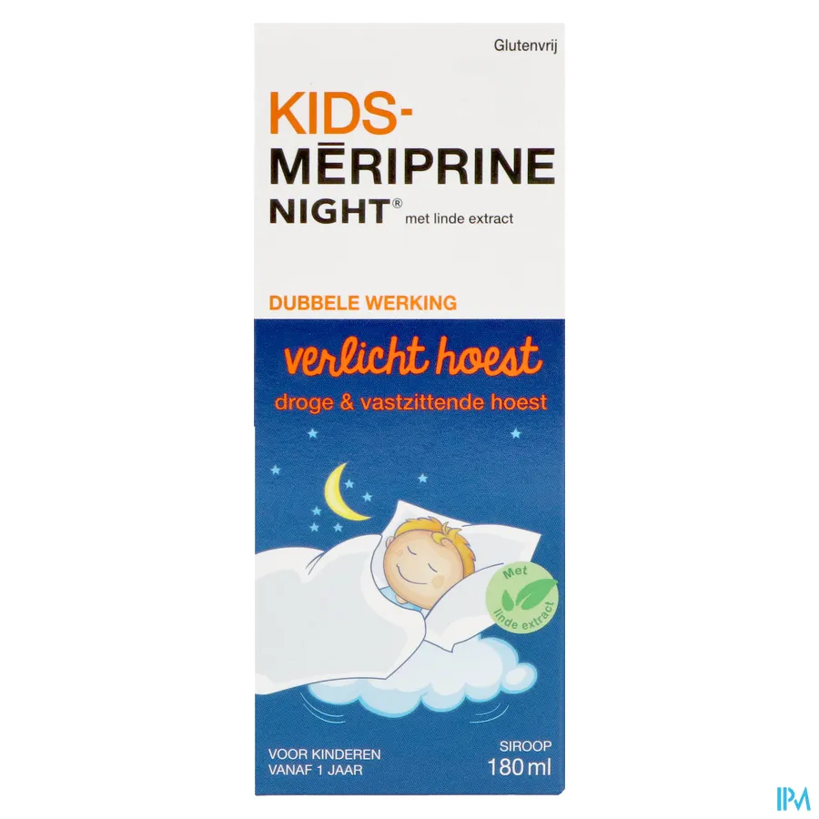 packshot van Kids Mériprine Night Siroop voor Droge en Vastzittende Hoest voor Kinderen vanaf 1 Jaar met Linde Extract 180 ml