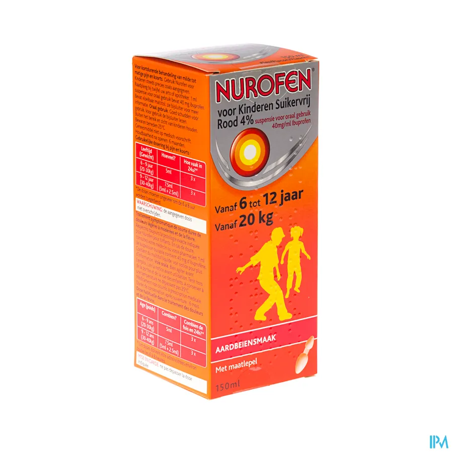 packshot van Nurofen Kind Suikervrije Siroop 4 % Aardbeiensmaak 150 ml