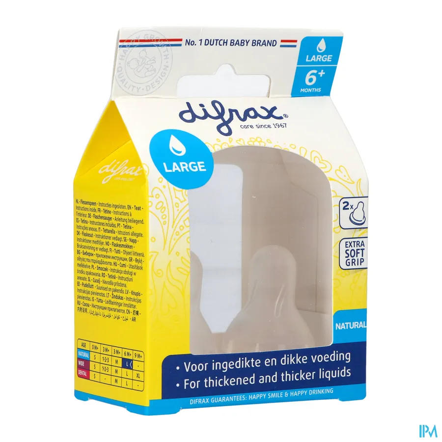 packshot van Difrax Flessenspeen Natural Large 2 stuks