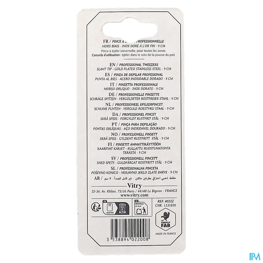 packshot van Vitry Epileerpincet met Schuine Top in Inox Verguld
