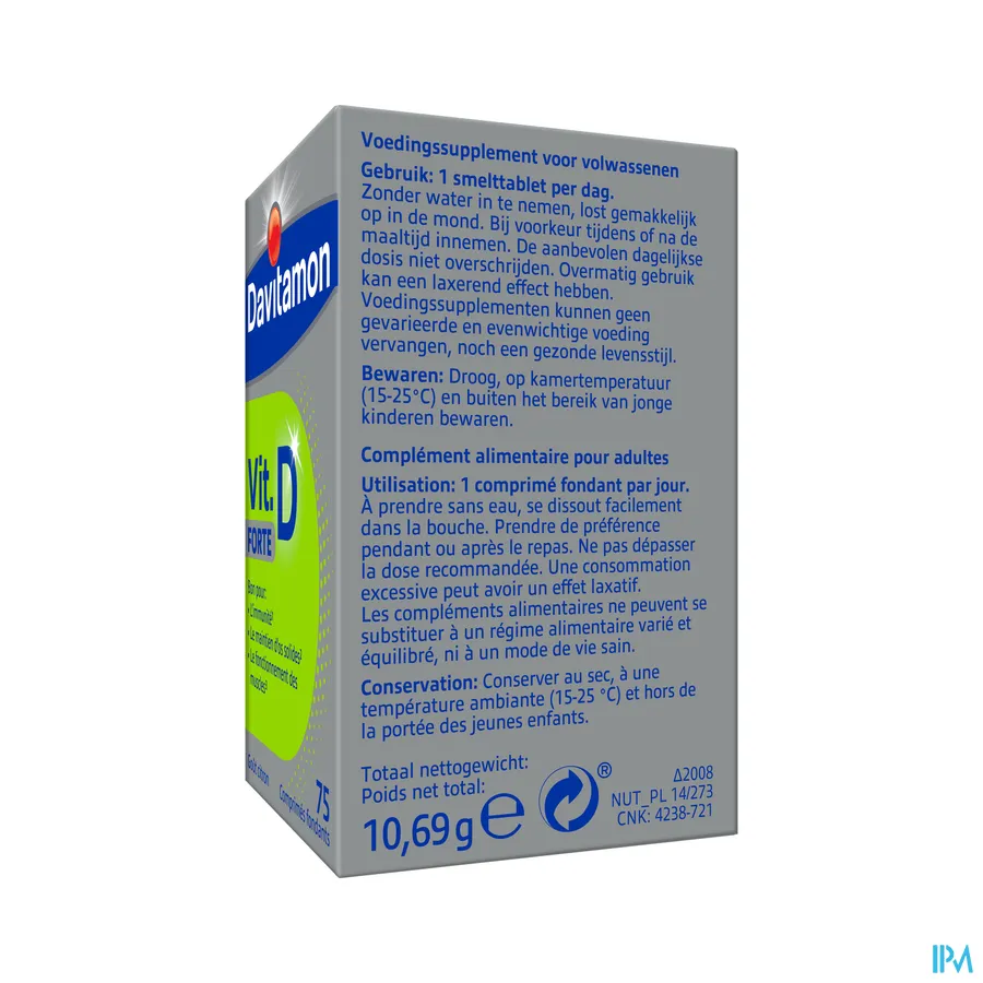 packshot van Davitamon Vitamine D Forte -Goed voor Weerstand, Behoud van Sterke Botten en Spierwerking- 75 Smelttabletten met Citroensmaak