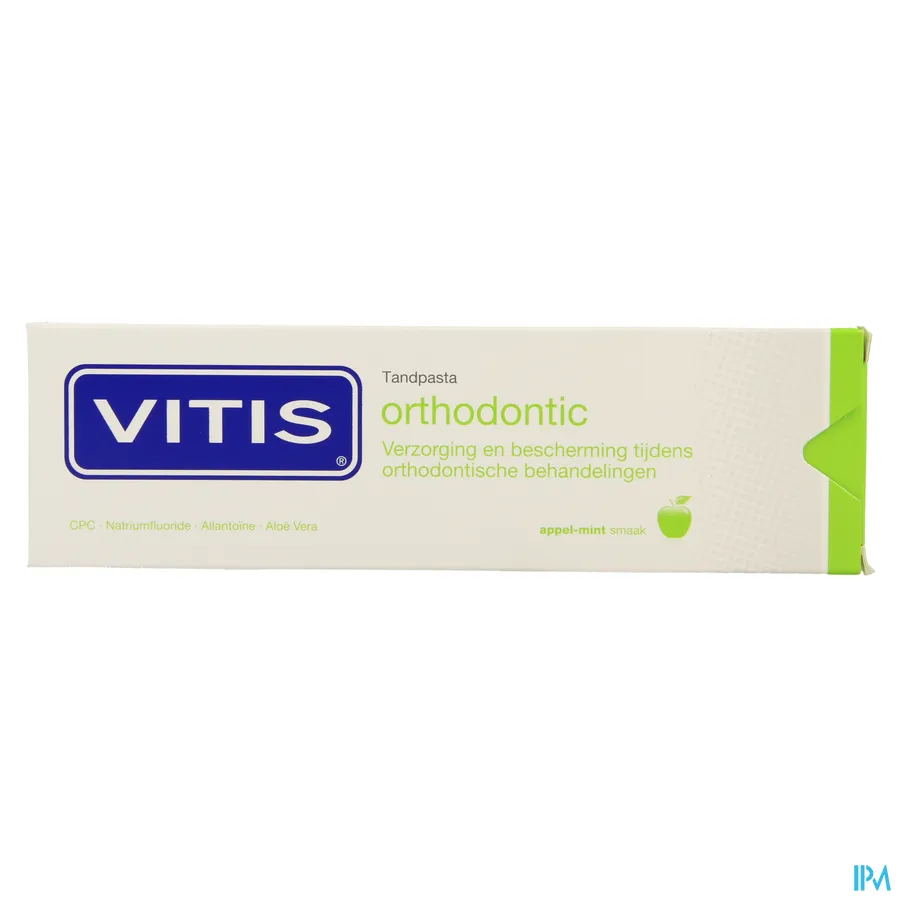 packshot van Vitis Orthodontic Tandpasta voor Verzorging en Bescherming tijdens Orthodontische Behandelingen met Appel-Mint Smaak 75 ml