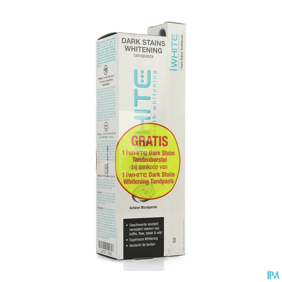 packshot van I White Dark Stains Whitening Tandpasta met Actieve Mircroparels met Geactiveerde Kool voor Verwijdering van Vlekken van Koffie, Thee, Tabak en Wijn Tube 75 ml
