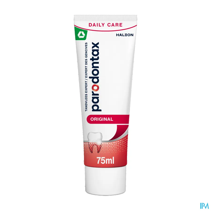 productshot van Parodontax Original mét Verbeterde Smaak -Dagelijkse Fluoride Tandpasta voor Gezond Tandvlees en Sterke Tanden - Helpt tegen en Voorkomt Bloedend Tandvlees- Tube 75 ml