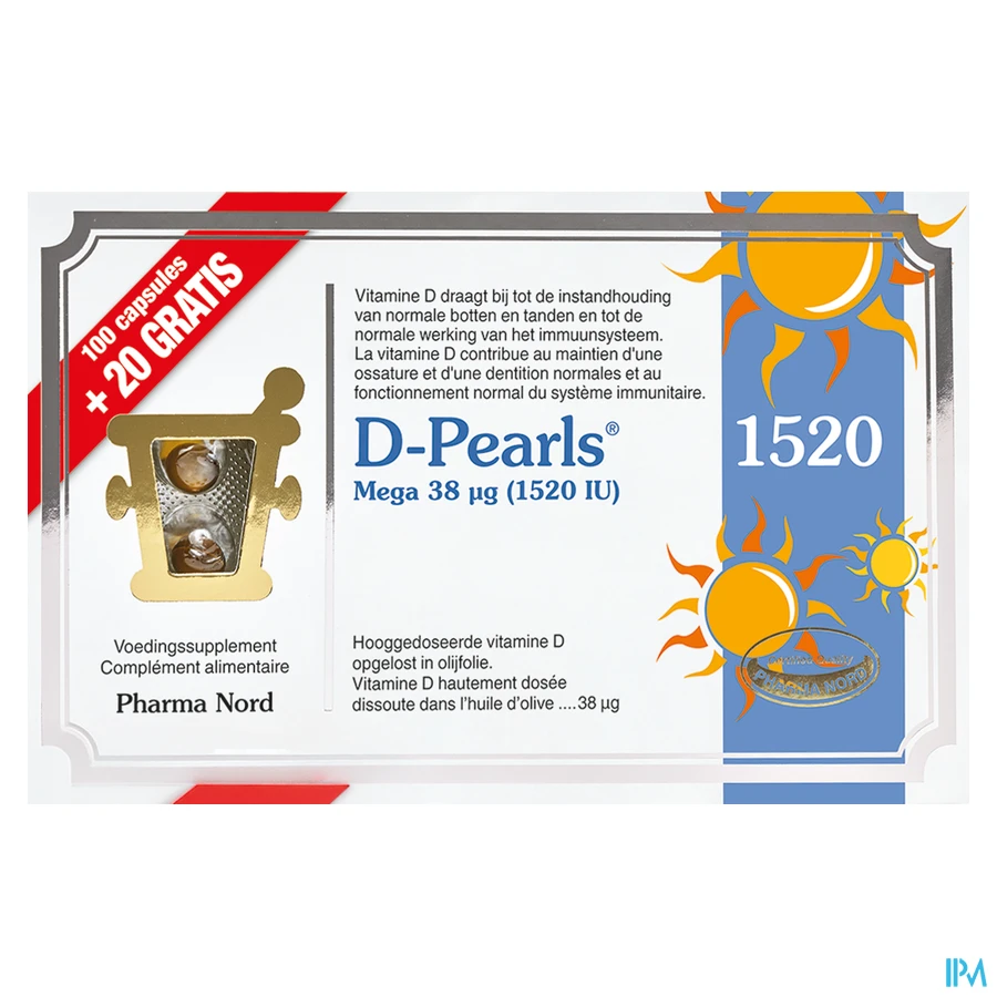 packshot van D-Pearls 1520 met 1520 IE Vitamine D Promopack 120 Capsules