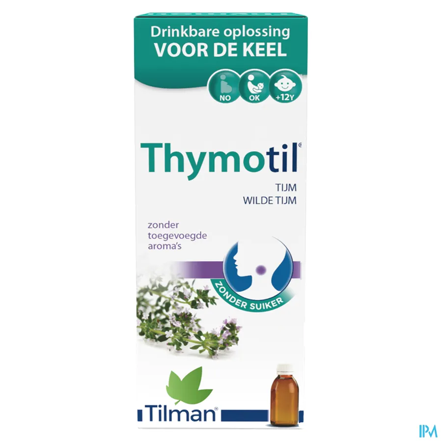packshot van Thymotil Keelsiroop Zonder Suiker op basis van Tijm en Wilde Tijm 150 ml