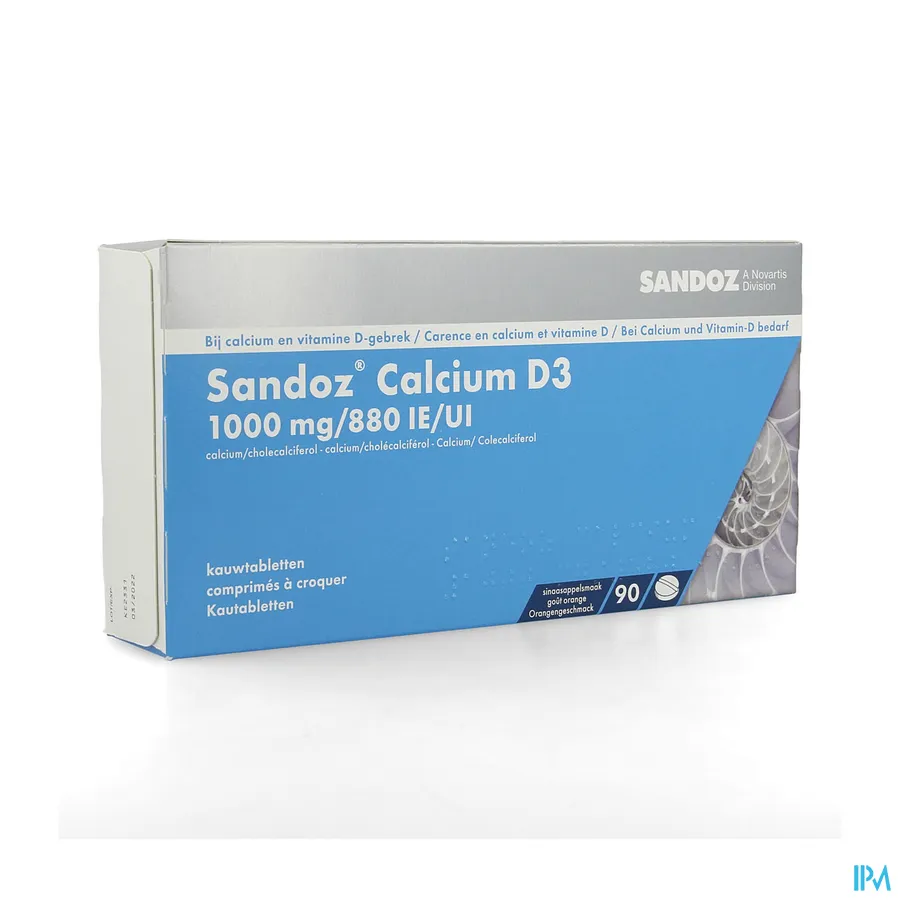 packshot van Sandoz met 1000 mg Calcium en 880 IE Vitamine D3 90 Kauwtabletten