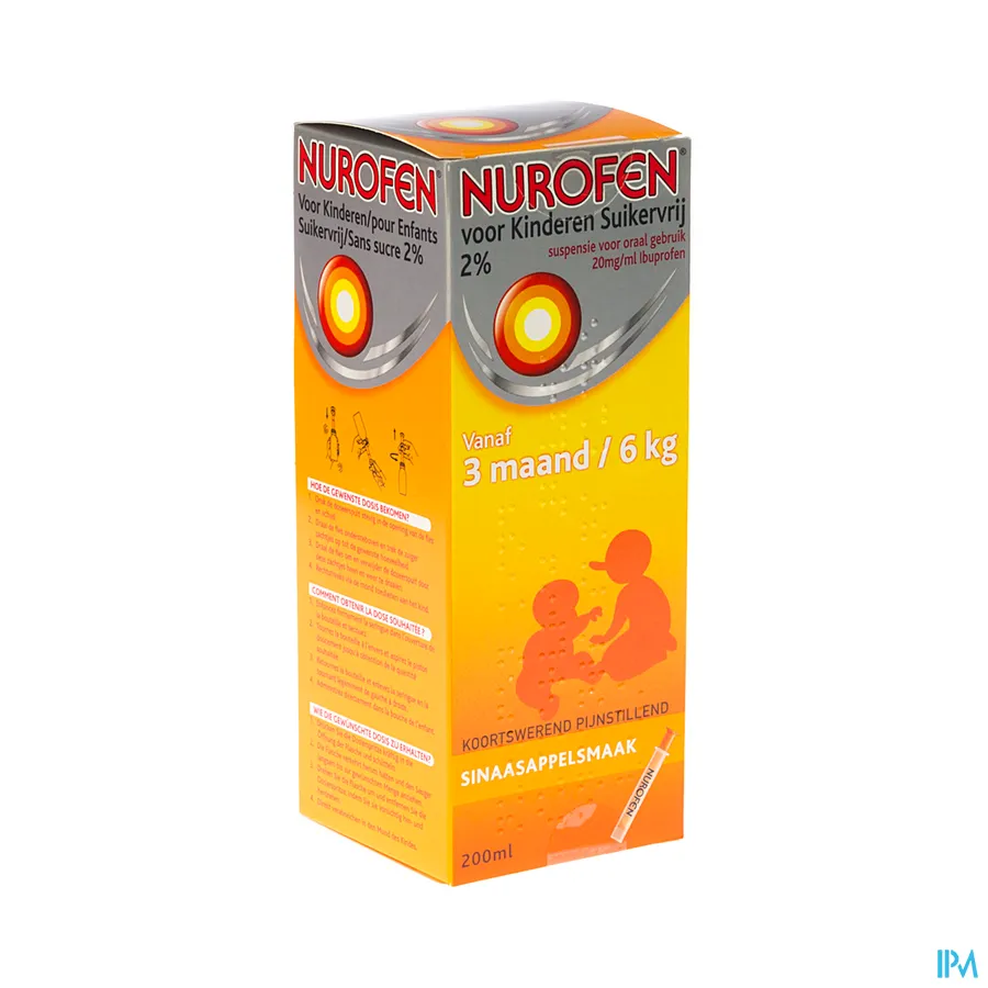 packshot van Nurofen Kind Suikervrije Siroop 2 % Sinaasappelsmaak 200 ml