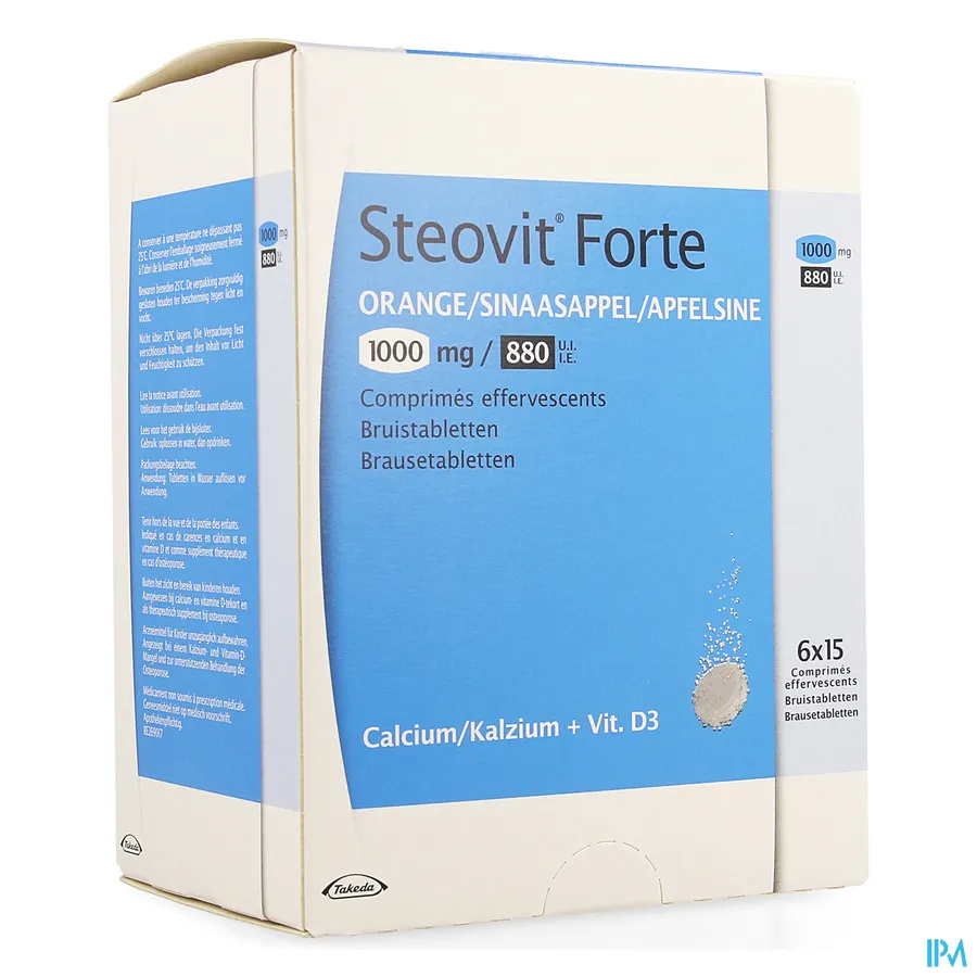packshot van Steovit D3 1000 mg Calcium + 880 IE Vitamine D3 Sinaasappelsmaak 90 Bruistabletten