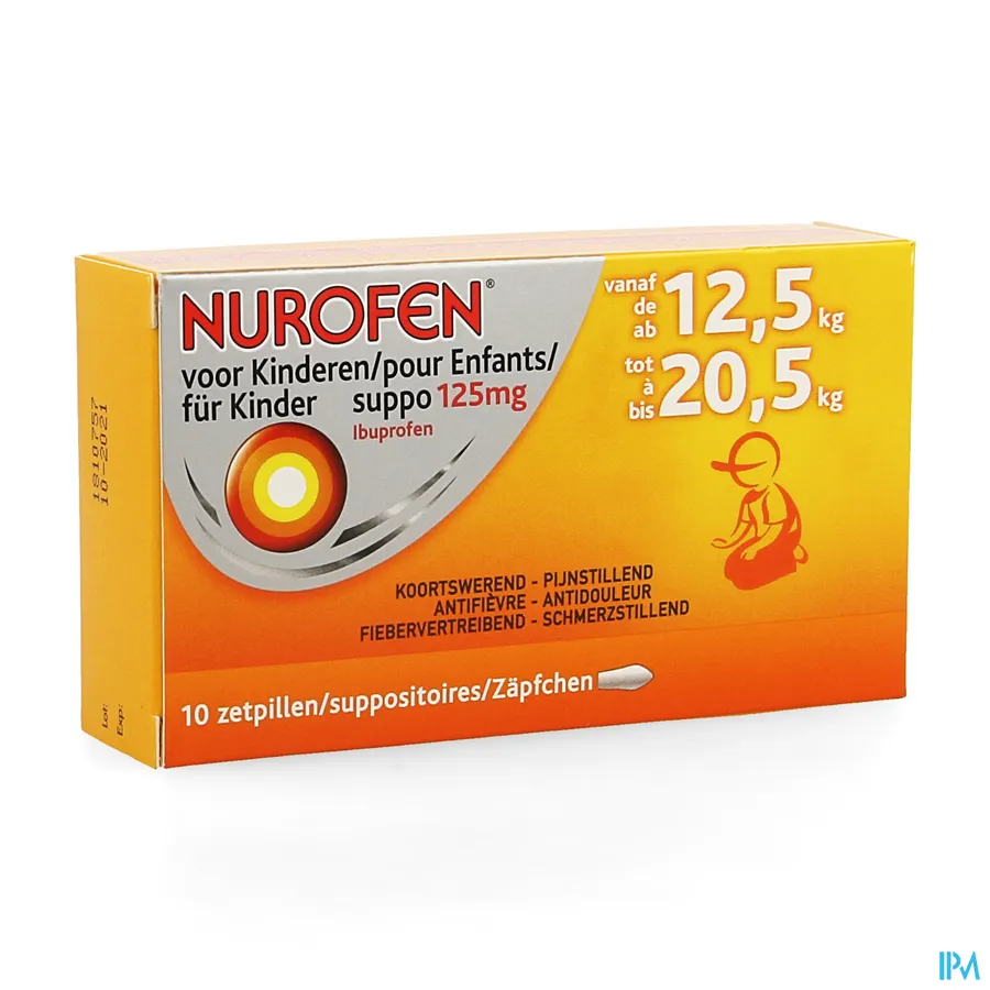 packshot van Nurofen 125 mg Suppo voor Kinderen van 12,5 tot 20,5 kg 10 Zetpillen